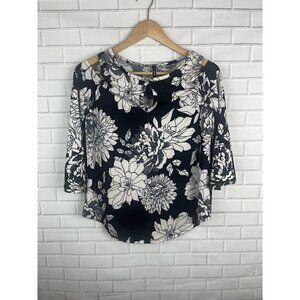 Forever Jade Cold Shoulder White Black Floral 3/4 Shirt Blouse Womens Small